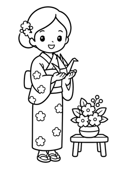 Free printable Cute Geisha With Origami Crane coloring page