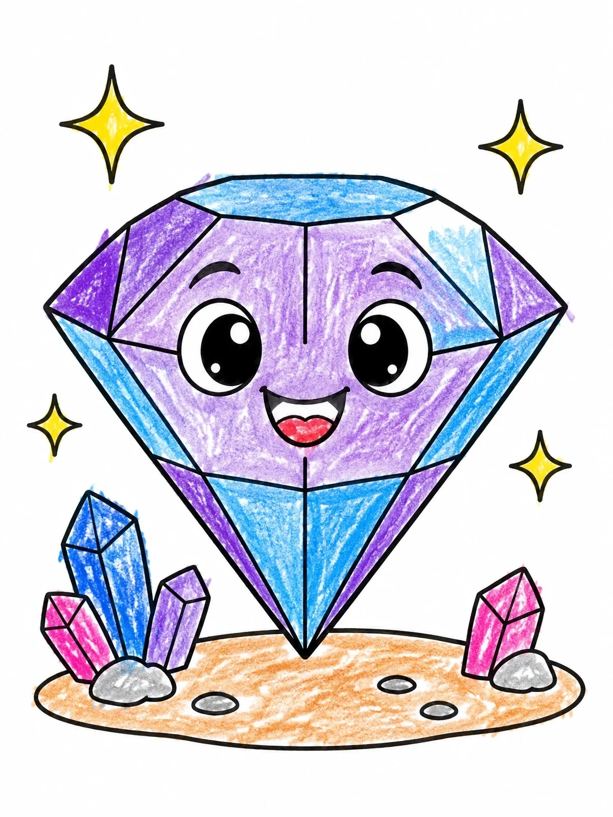 Colored example of the Happy Cut Gemstone With Crystals coloring page