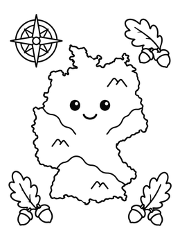 A friendly Germany coloring page featuring a smiling map outline surrounded by oak leaves and a compass.