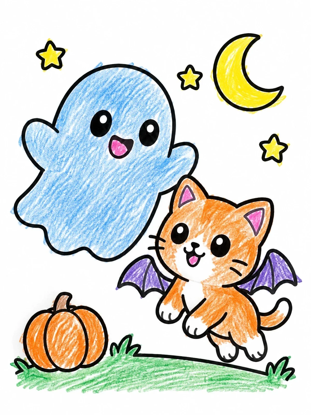 Colored example of the Cute Ghost And Bat Kitten coloring page