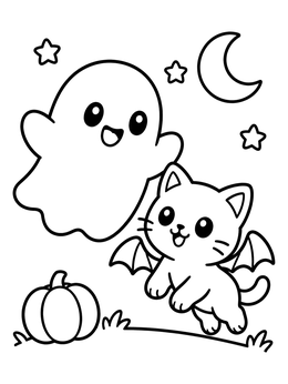 Free printable Cute Ghost And Bat Kitten coloring page
