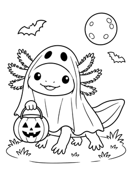 A cute ghost axolotl coloring page holding a pumpkin bucket on Halloween night.