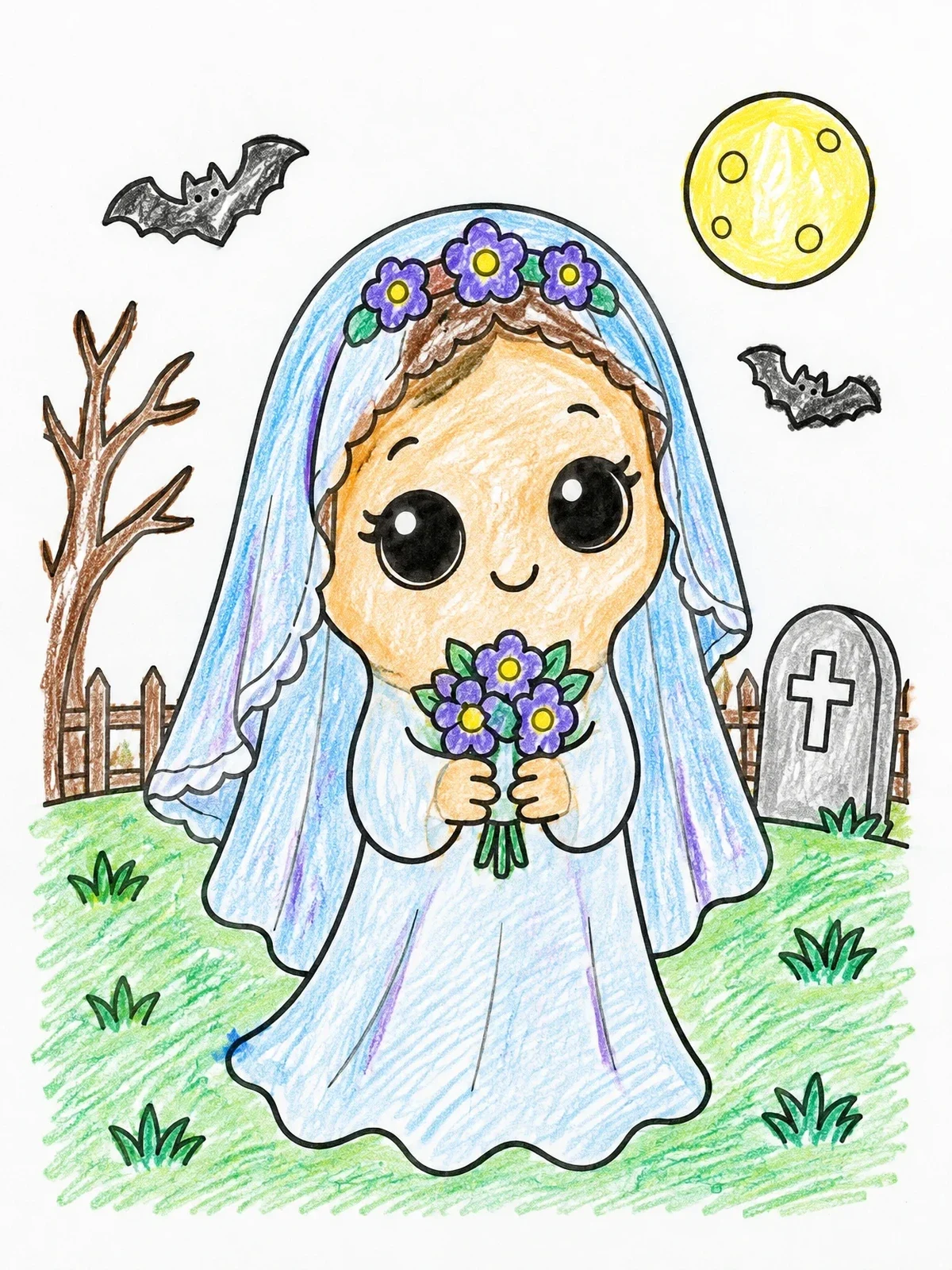 Colored example of the Cute Ghost Bride Under The Moon coloring page