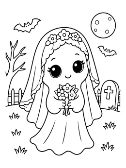 Free printable Cute Ghost Bride Under The Moon coloring page