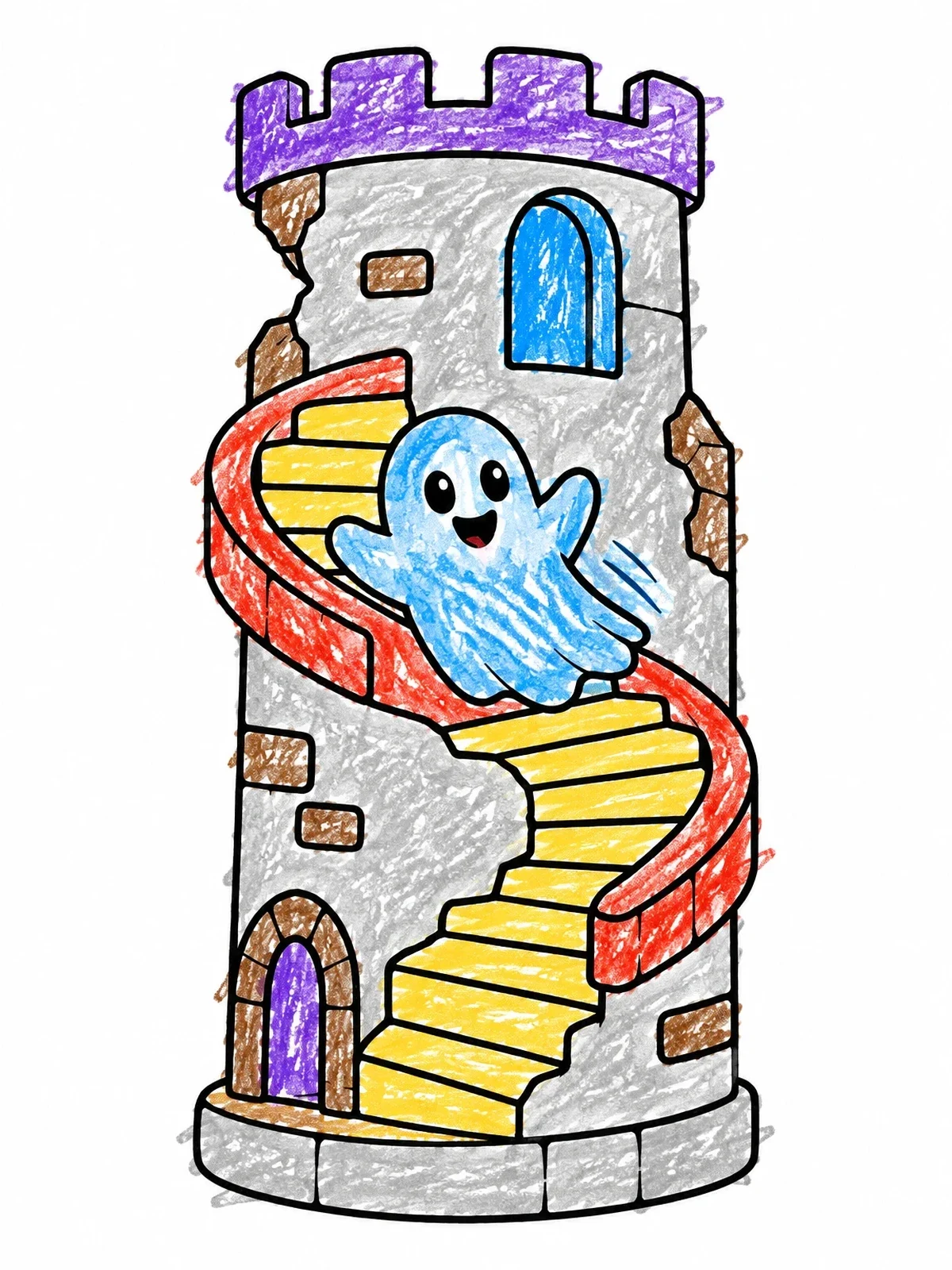 Colored example of the Cute Ghost On Castle Stairs coloring page