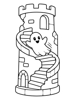 A friendly ghost floats down a spiral staircase on this ghost coloring page.