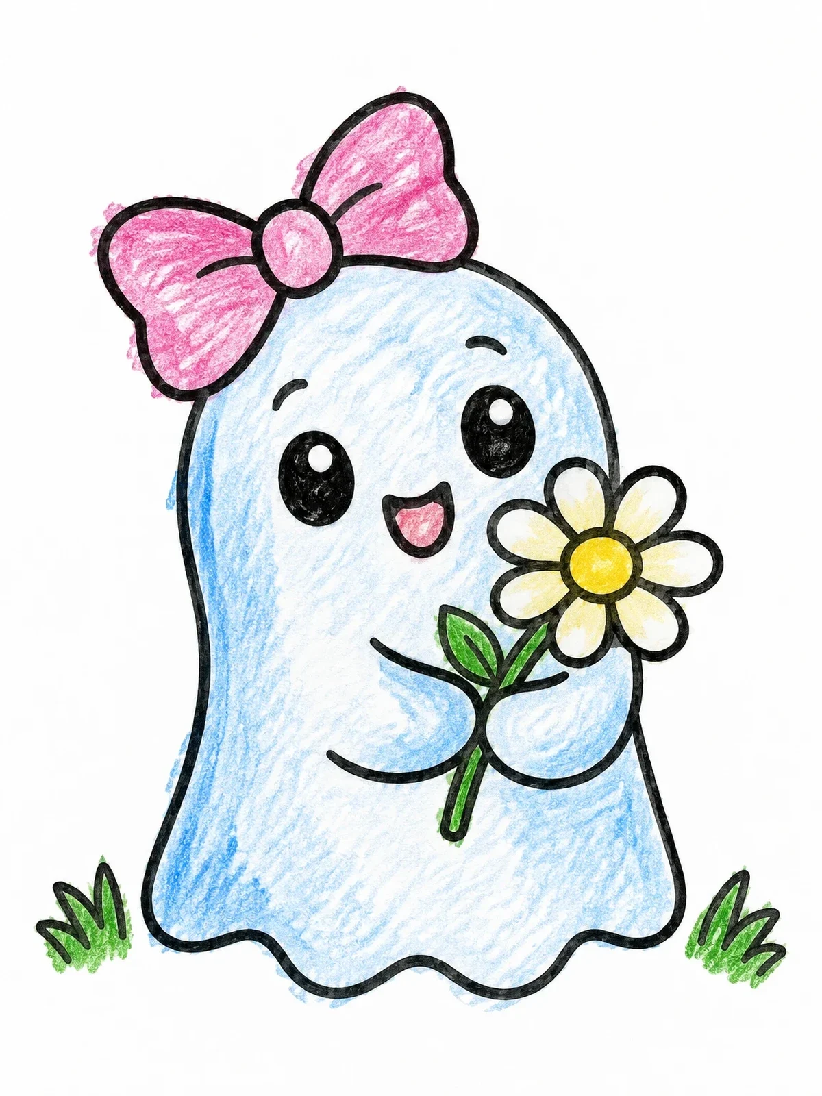 Colored example of the Cute Ghost With Flower And Bow coloring page
