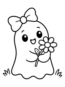 Free printable Cute Ghost With Flower And Bow coloring page