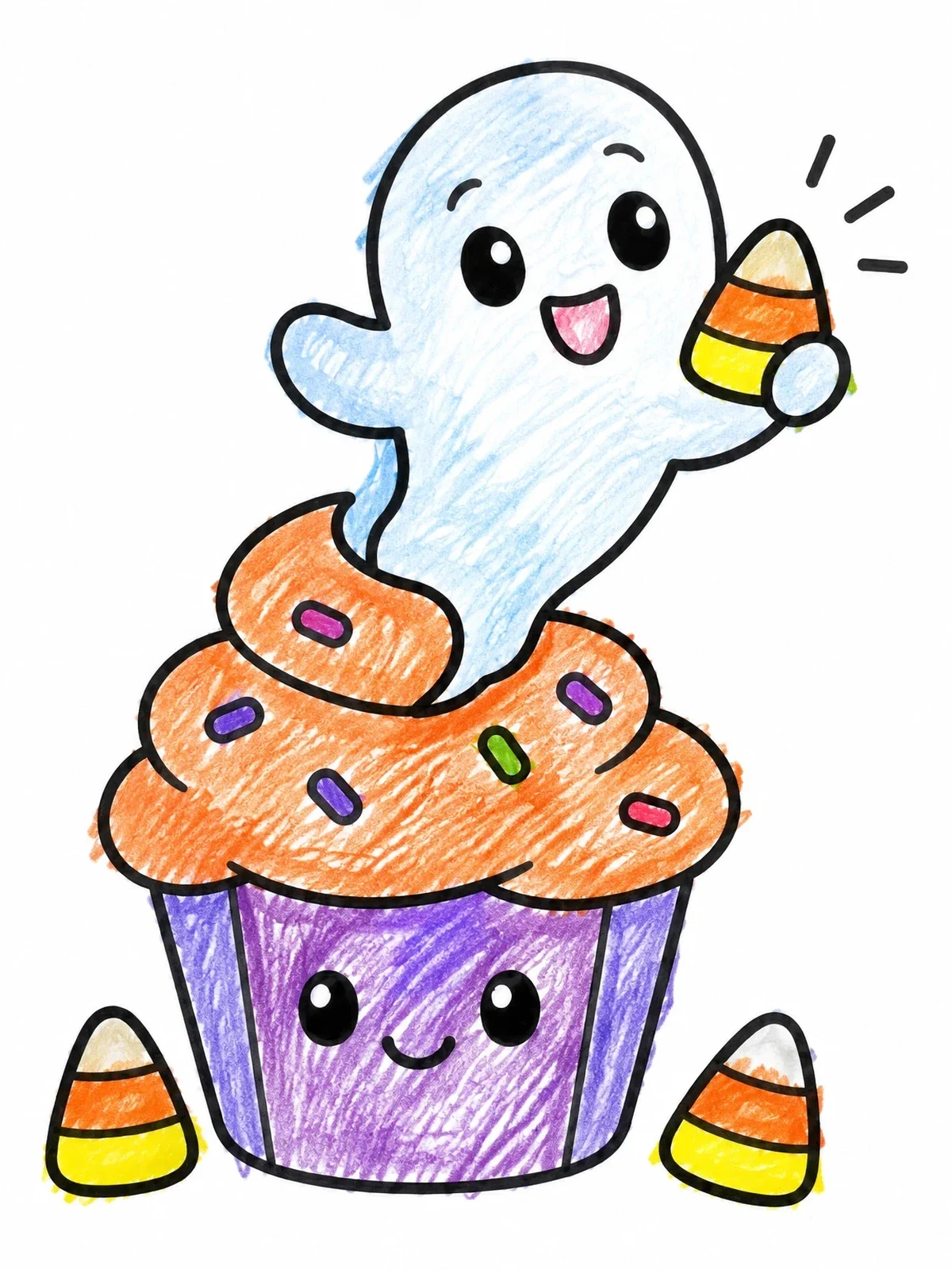 Colored example of the Cute Ghost Halloween Cupcake coloring page