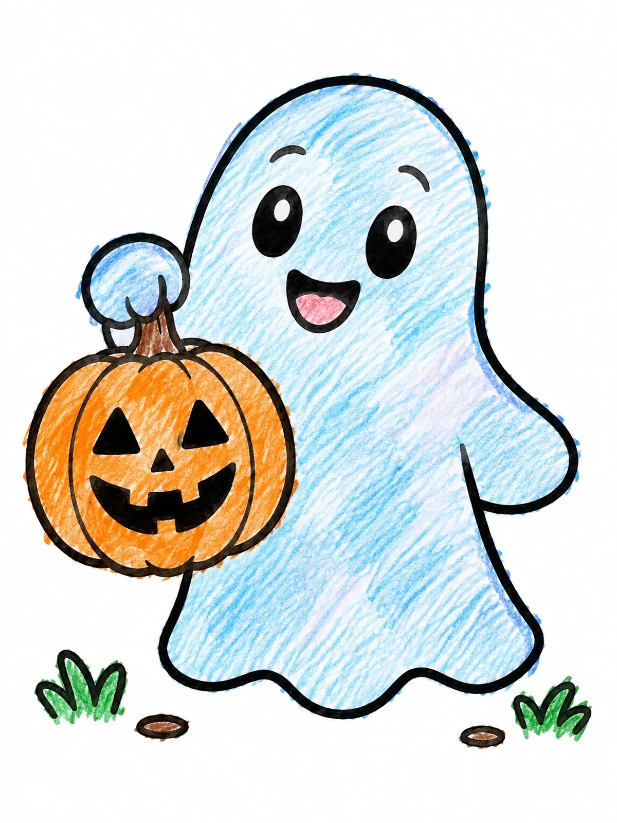 Colored example of the Cute Ghost Holding A Jack O' Lantern coloring page