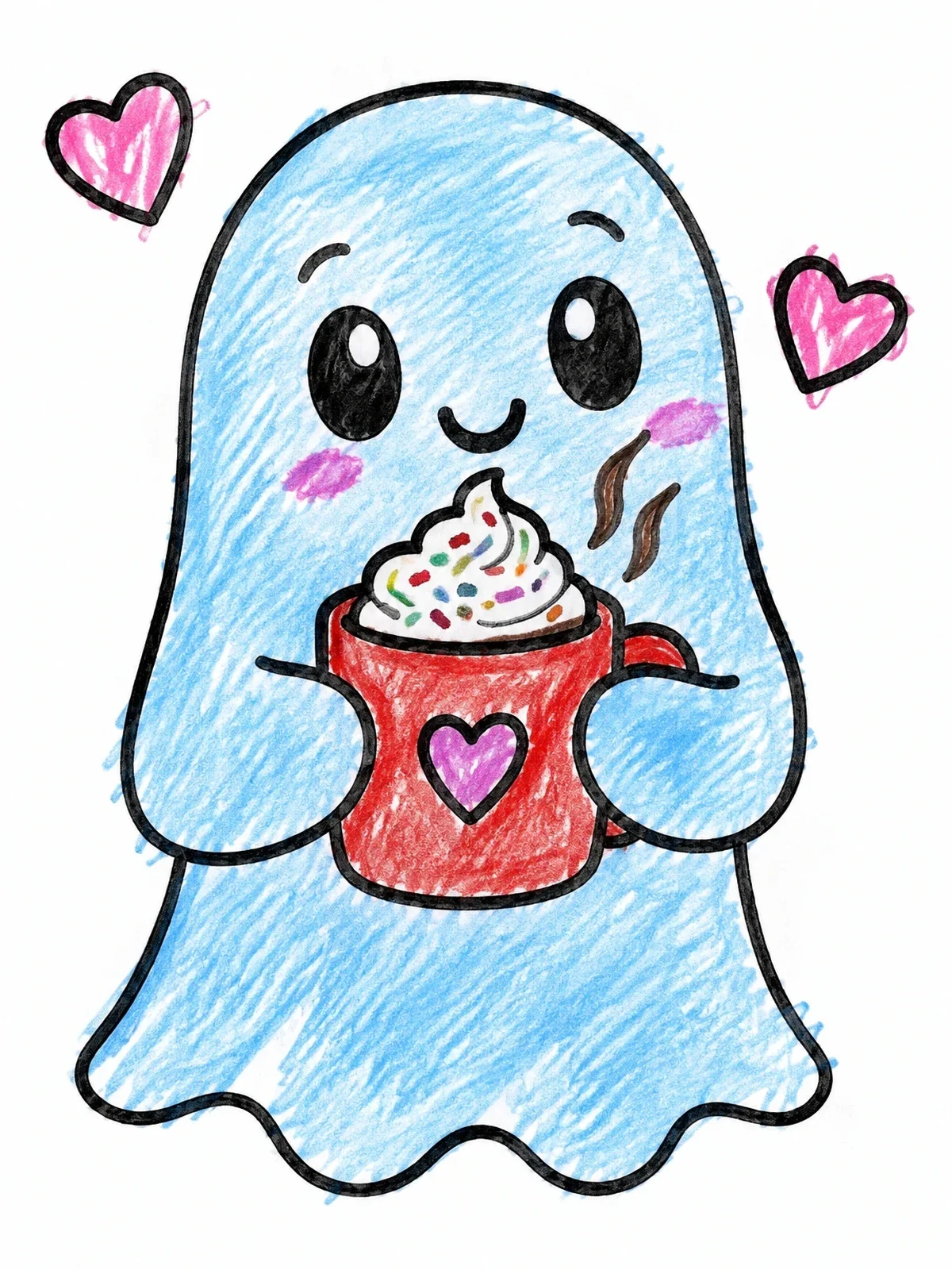 Colored example of the Cute Ghost With Warm Cocoa Mug coloring page