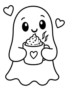 A friendly ghost coloring page featuring a warm drink topped with whipped cream.
