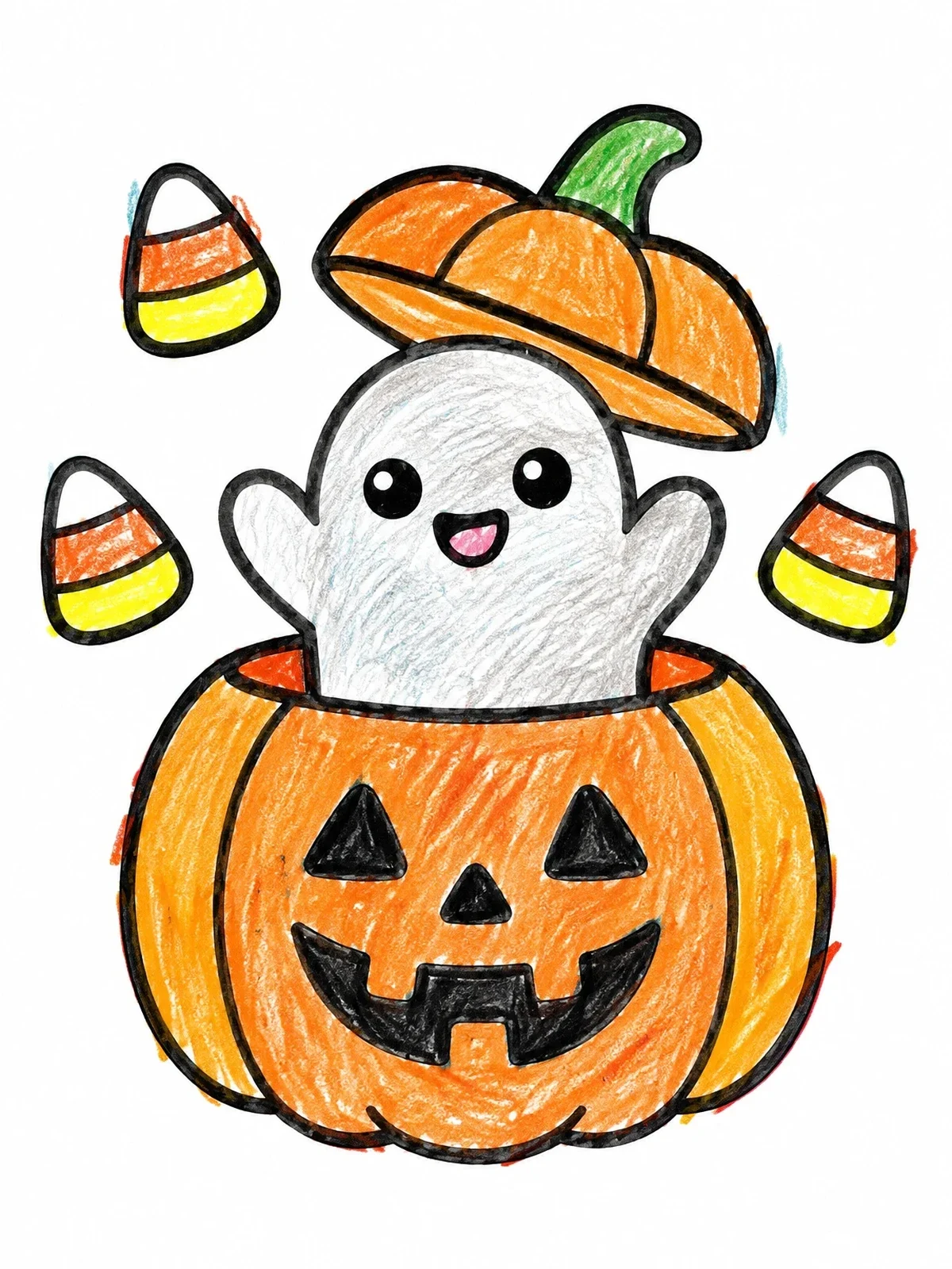 Colored example of the Cute Ghost In A Jack O' Lantern coloring page