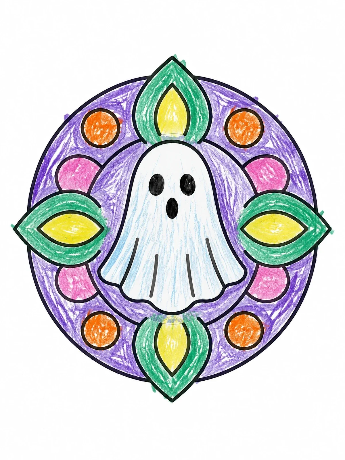 Colored example of the Cute Ghost Monster Mandala coloring page
