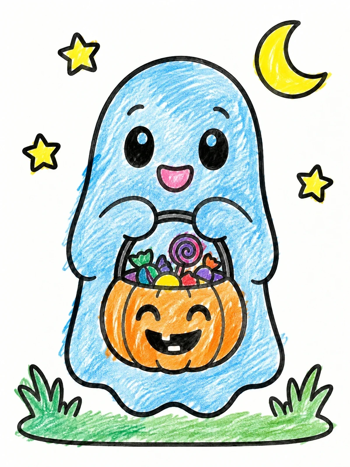 Colored example of the Cute Ghost With Pumpkin Candy Bucket coloring page