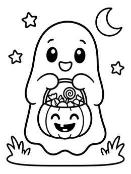 Free printable Cute Ghost With Pumpkin Candy Bucket coloring page