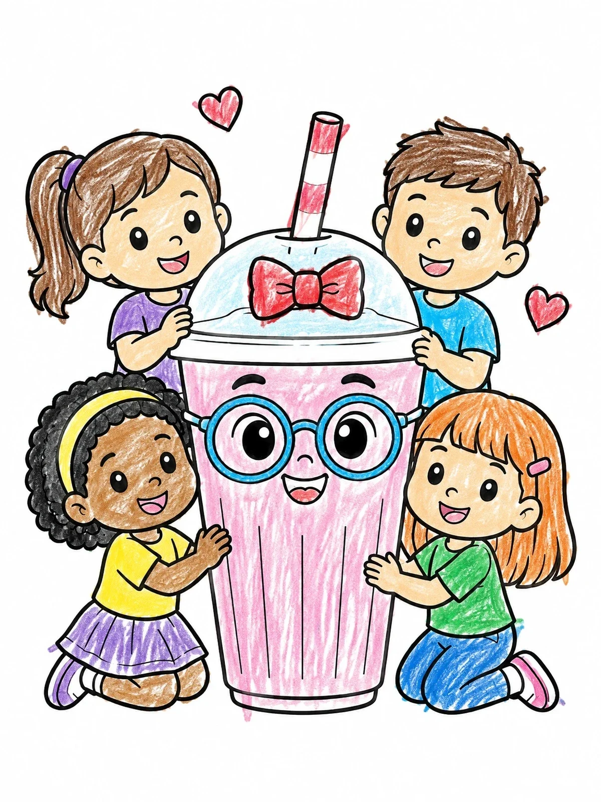 Colored example of the Happy Kids With Giant Milkshake Cup coloring page