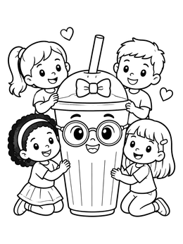 Free printable Happy Kids With Giant Milkshake Cup coloring page