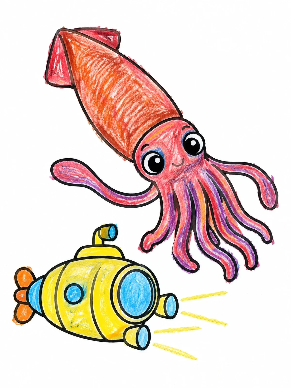 Colored example of the Cute Giant Squid And Research Submarine coloring page