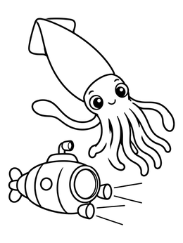 A friendly squid coloring page showing a cartoon sea creature swimming near a small submarine.