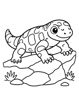 A friendly gila monster coloring page featuring a spotted lizard resting on cracked desert stones.