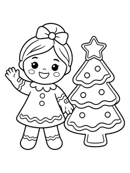 A cheerful gingerbread coloring page showing a smiling girl cookie beside a frosted Christmas tree.