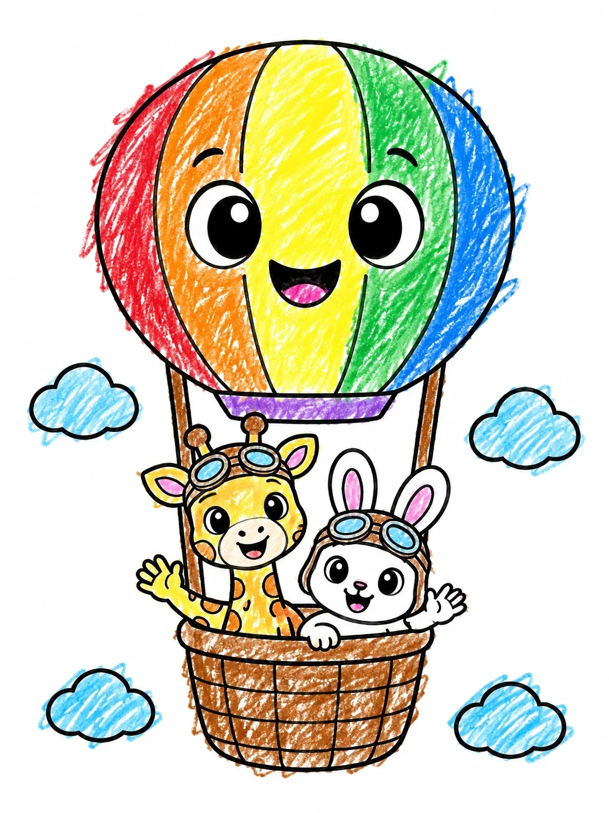 Colored example of the Cute Giraffe And Bunny In Hot Air Balloon coloring page