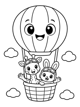 Free printable Cute Giraffe And Bunny In Hot Air Balloon coloring page
