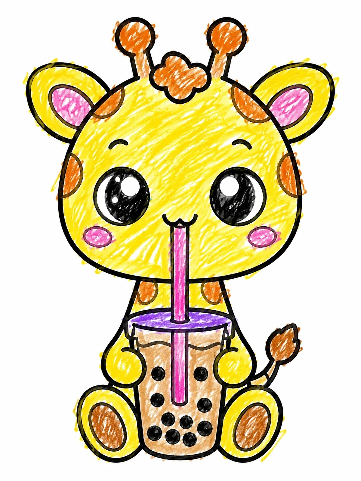 Colored example of the Cute Giraffe Drinking Bubble Tea coloring page