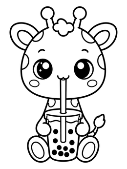 A sweet little giraffe coloring page with a cup of bubble tea and boba pearls.