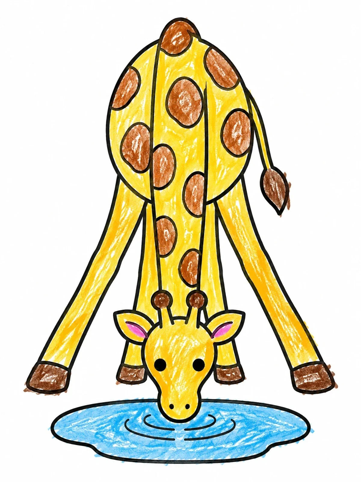 Colored example of the Cute Giraffe Drinking Water coloring page