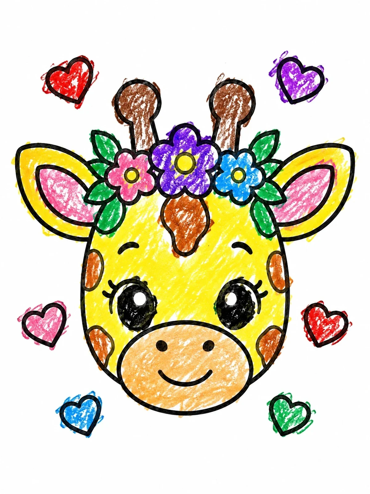 Colored example of the Cute Giraffe Face With Flower Crown coloring page