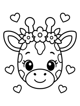 A sweet giraffe coloring page showing a smiling baby giraffe face with flowers and hearts.