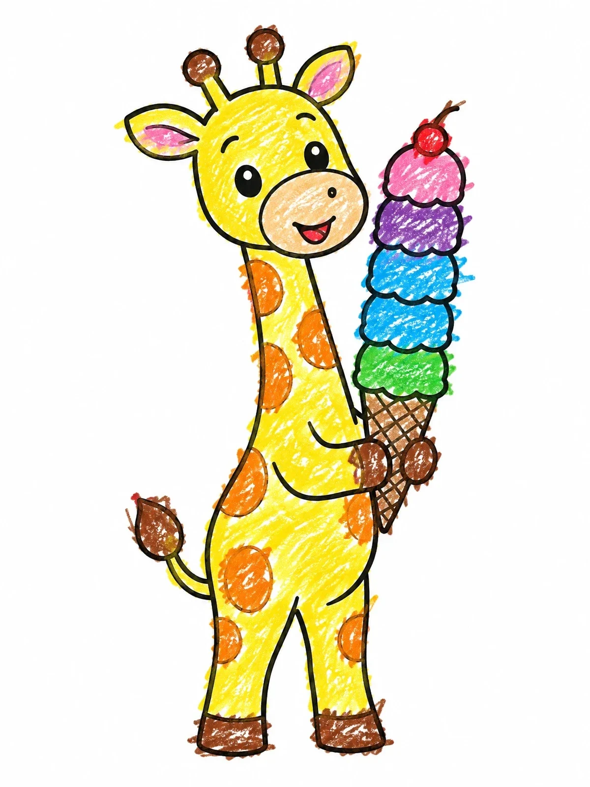 Colored example of the Cute Giraffe Holding Tall Ice Cream coloring page