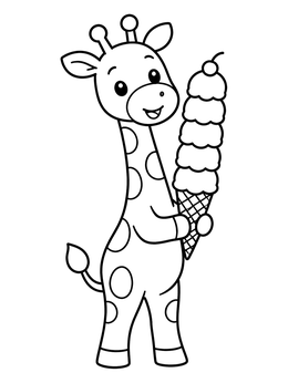 A cute giraffe coloring page holding a tall waffle cone stacked with ice cream scoops.