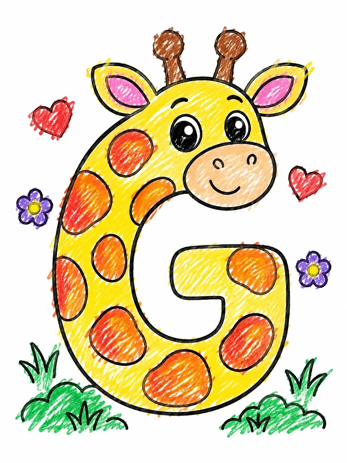 Colored example of the Cute Giraffe Letter G coloring page