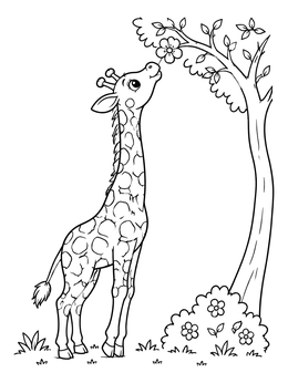 A sweet giraffe coloring page showing a young giraffe reaching up to smell a tree flower.