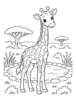 Free printable Cute Giraffe By The Waterhole coloring page