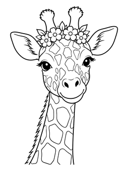 A sweet giraffe coloring page featuring a head portrait with a floral crown.