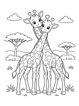 A sweet giraffe coloring page showing two young giraffes hugging on the savannah.