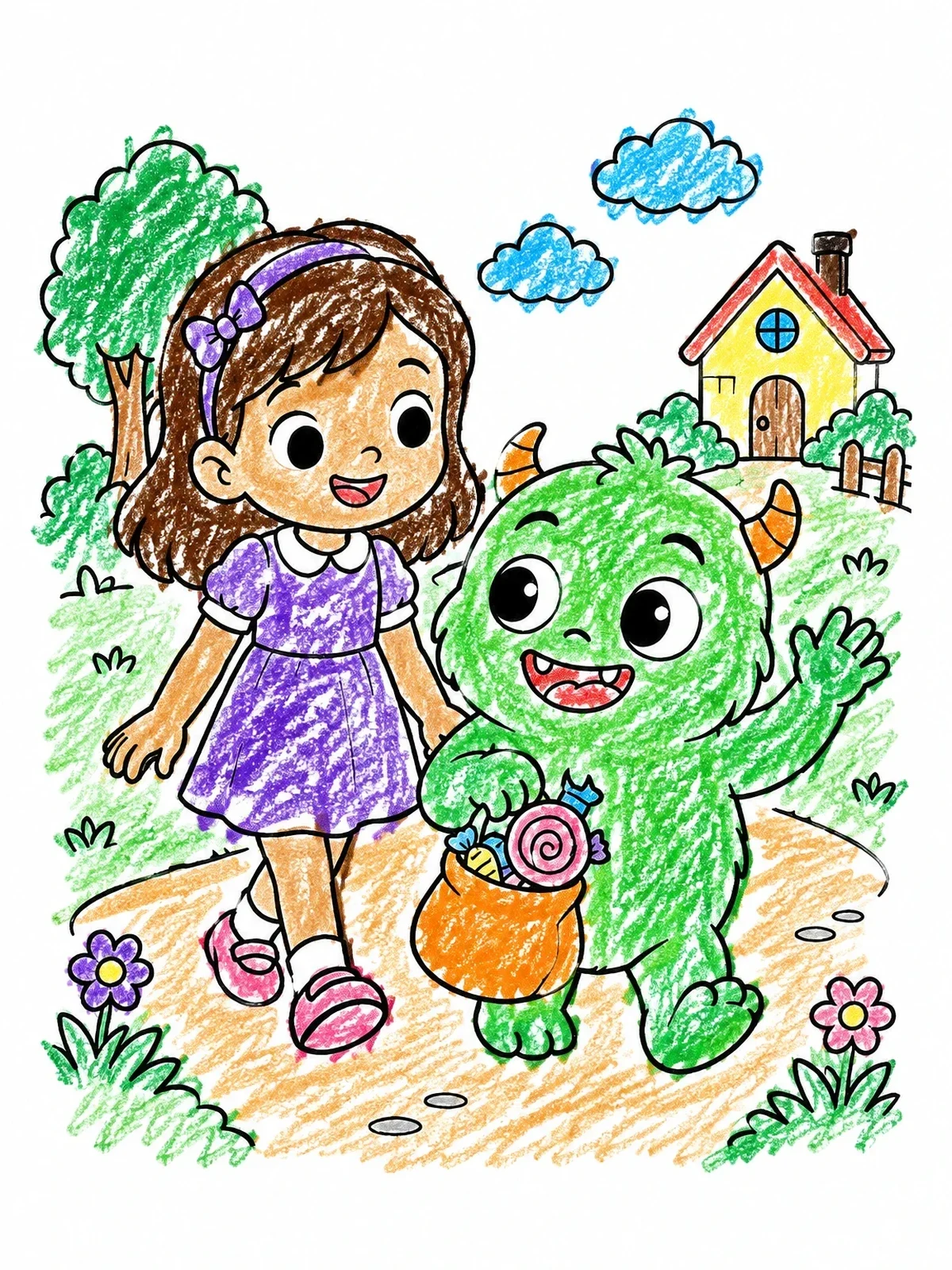 Colored example of the Cute Girl And Monster Trick Or Treating coloring page