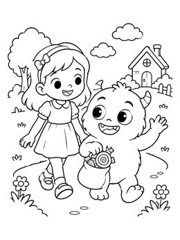 A friendly monster and a little girl walk outside in this trick or treat coloring page.