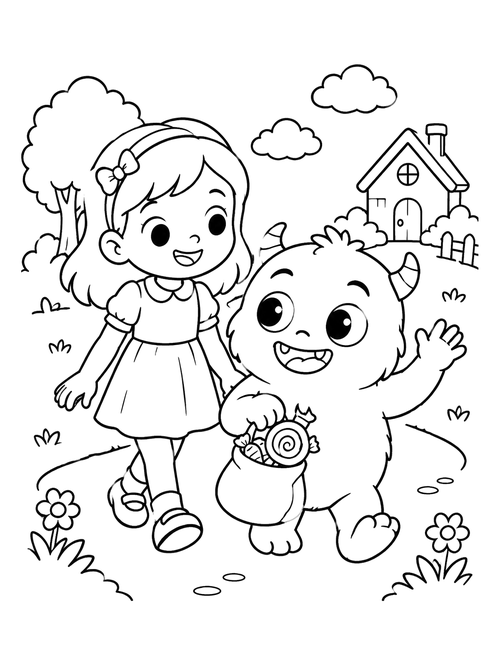 Cute Girl and Monster Trick-or-Treating coloring page