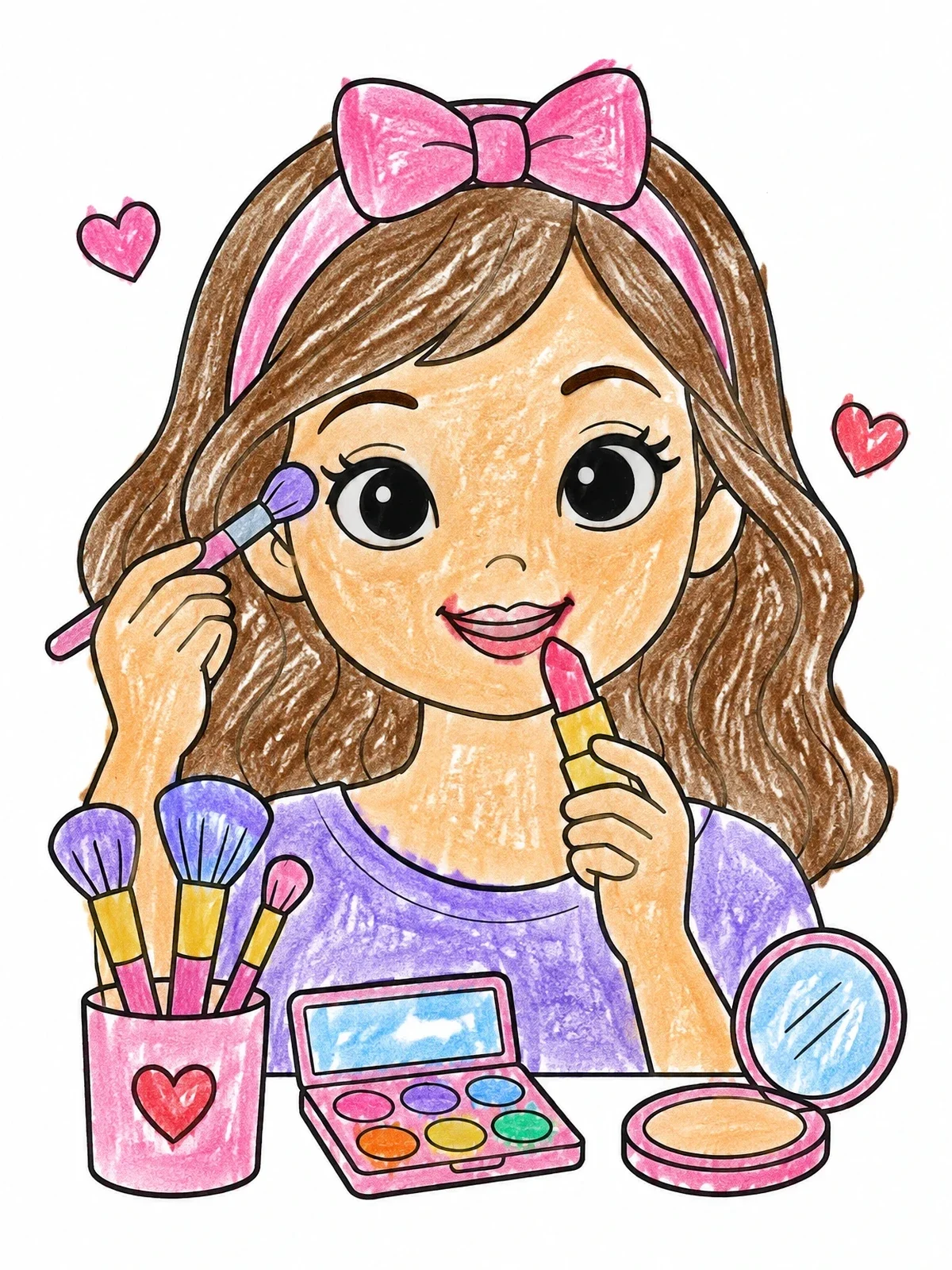 Colored example of the Cute Girl Applying Makeup coloring page