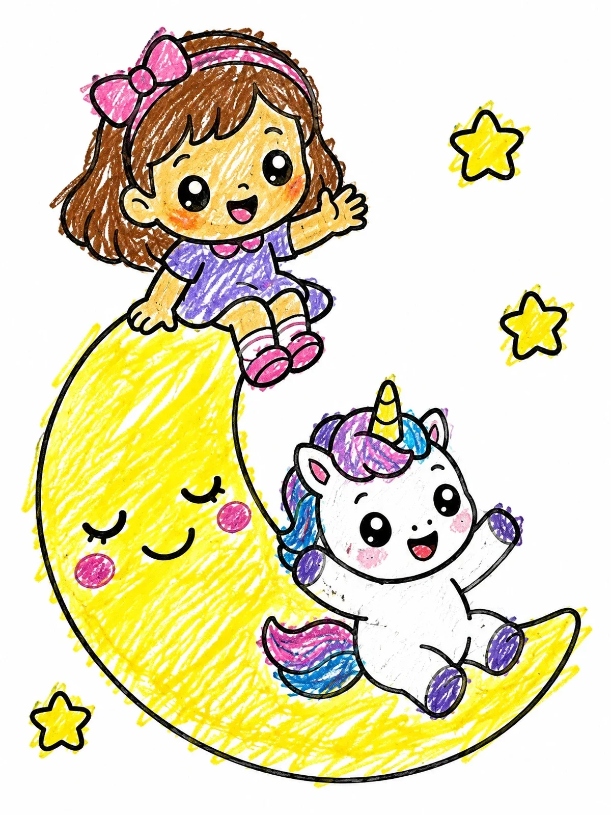 Colored example of the Cute Girl And Baby Unicorn On Moon coloring page