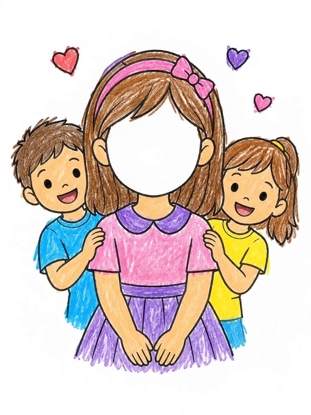 Colored example of the Cute Girl Blank Face Template With Friends coloring page