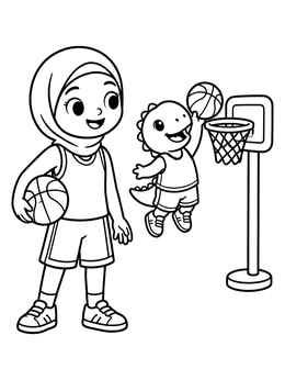 Free printable Cute Girl And Dinosaur Playing Basketball coloring page