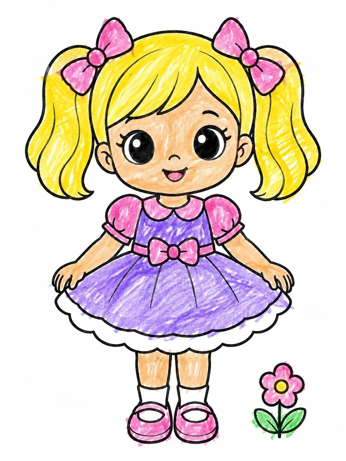 Colored example of the Cute Girl Doll With Pigtails coloring page