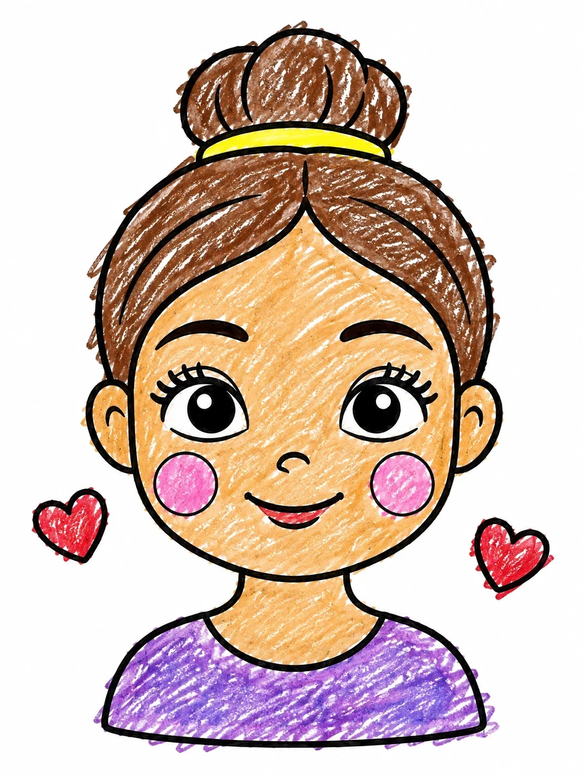 Colored example of the Cute Girl Face With Bun coloring page