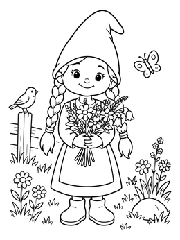 A girl gnome holding a bouquet in this gnome coloring page.